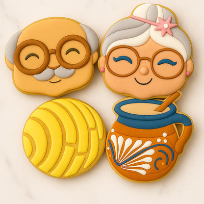 Decorated cookies shaped like a smiling grandma and grandpa with glasses, a yellow concha pan dulce, and a clay mug of chocolate de olla, on a cream background.