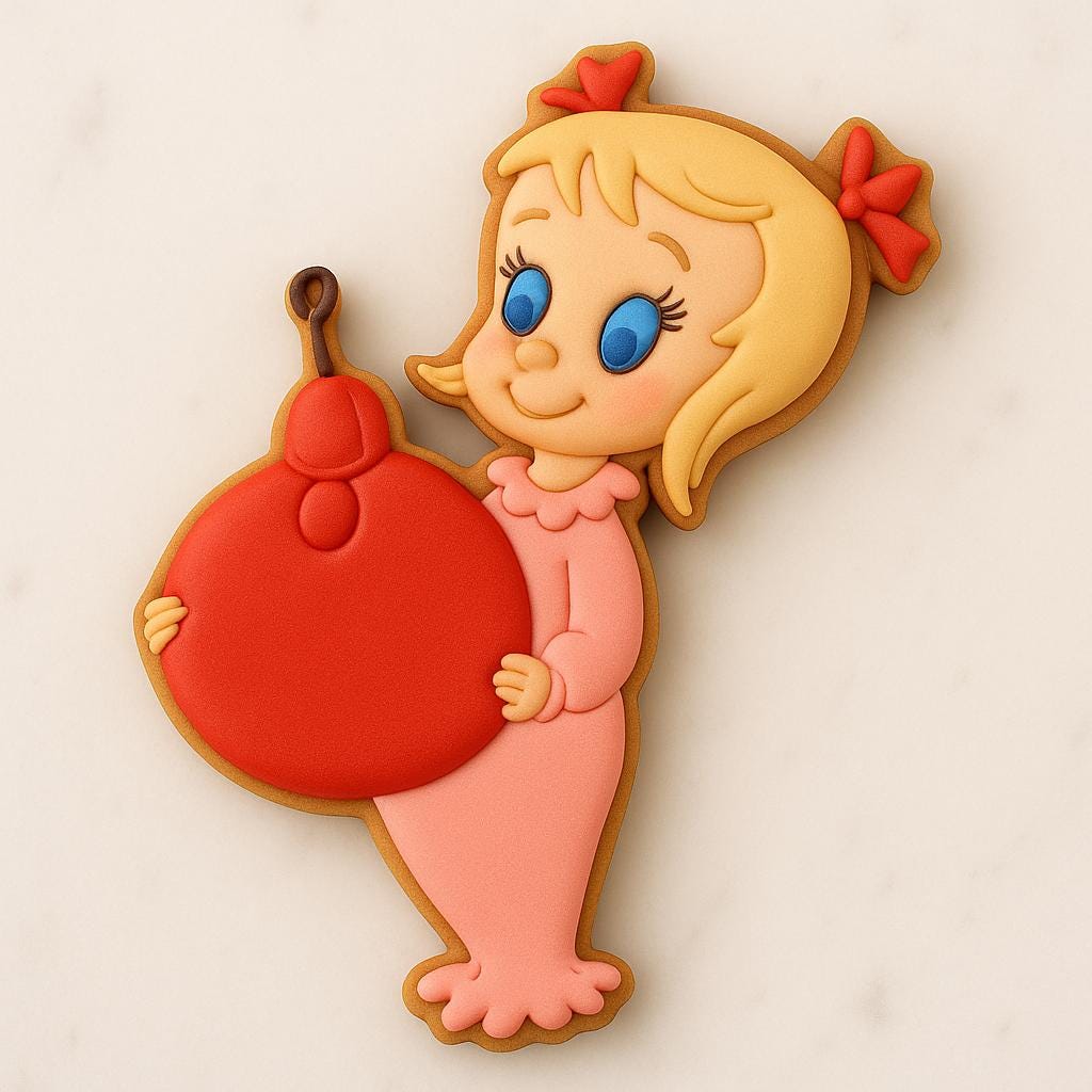 Decorated cookie shaped like a blonde girl in pink pajamas with red bows, holding a large red Christmas ornament, on a marble background.