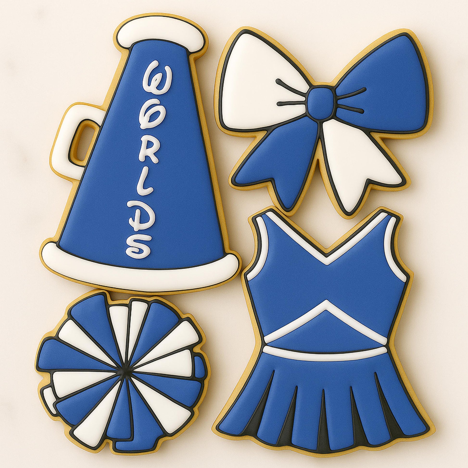 Decorated sugar cookies shaped like cheerleading items — a blue megaphone with “Worlds,” a blue and white bow, a pom-pom, and a cheer uniform — arranged on a neutral background.