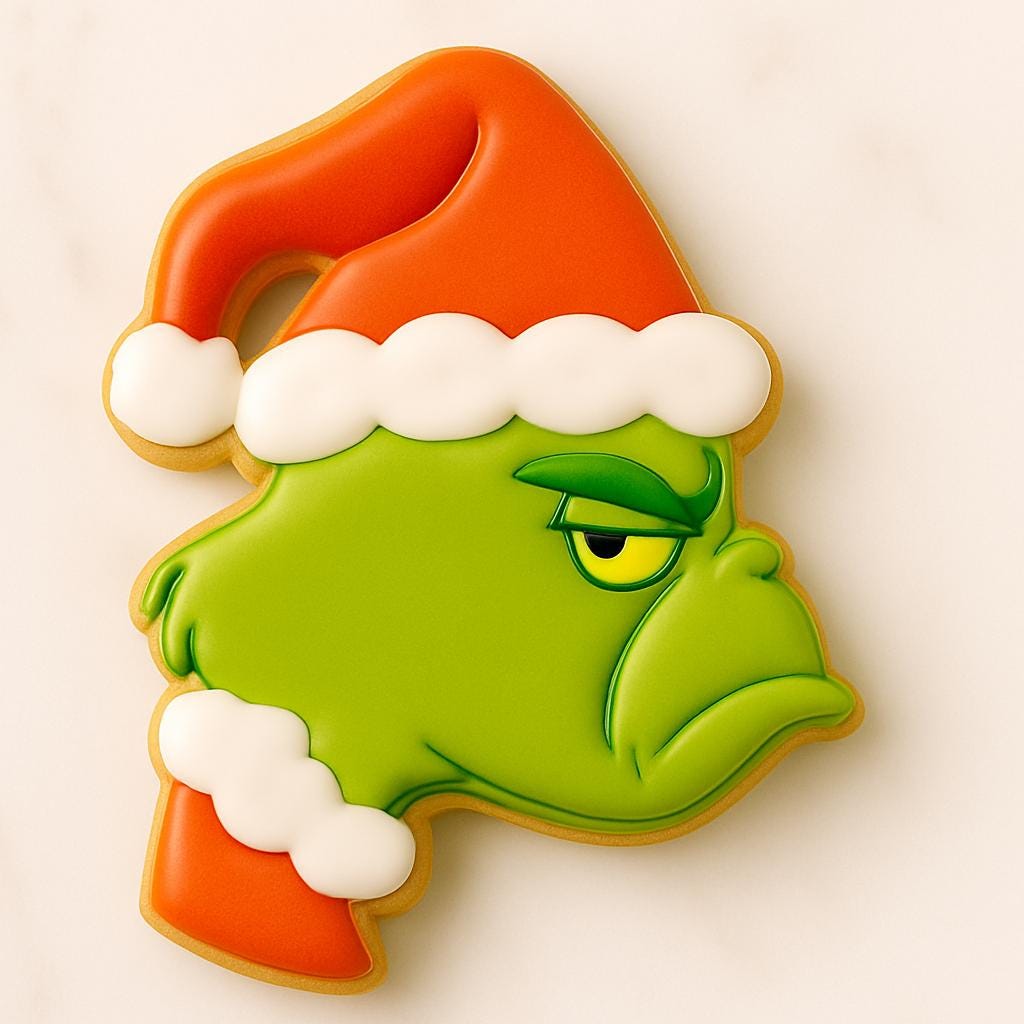 Decorated cookie shaped like the Grinch’s green face wearing a red Santa hat with white trim, detailed with icing on a marble background.