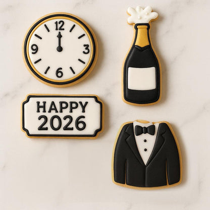 New_Years Set_A 2026 Cookie Cutter Set – Clock, Champagne, Tuxedo & Sign