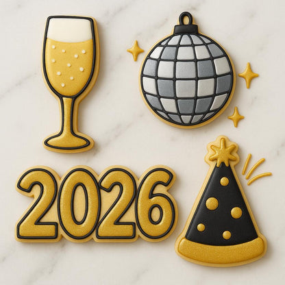 New_Years Set_B 2026 Cookie Cutter Set – Clock, Champagne, Tuxedo & Sign