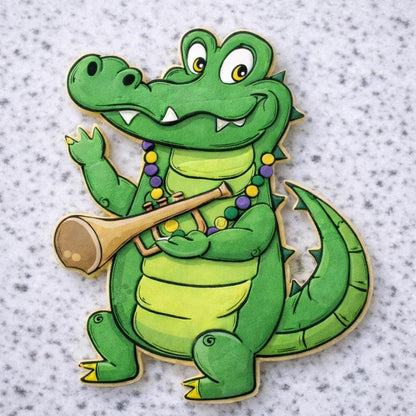 Trumpet Gator Mardi Gras Alligator Cookie Cutter with Optional Stamp – Louisiana Gator Playing Trumpet Cookie Cutter