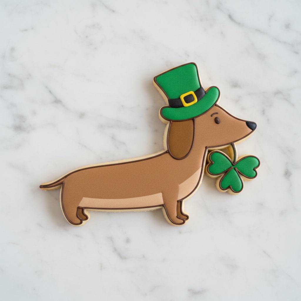 Irish Dachshund Cookie Cutter with Shamrock | St. Patrick’s Day Wiener Dog | Leprechaun Hat Dog Cookie Cutter or Stamp, Stencil Options