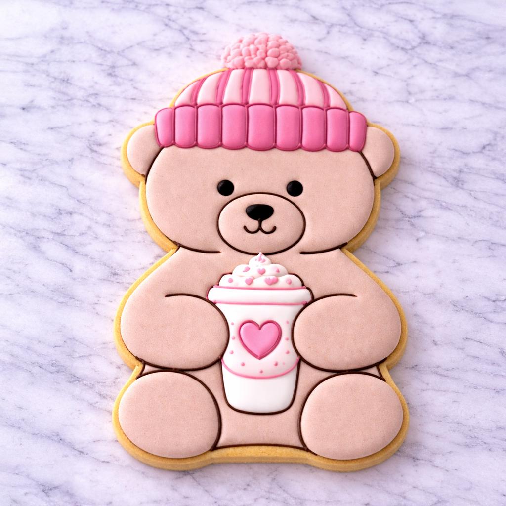 Cozy Coffee Bear Cookie Cutter | Teddy Bear Coffee Cookie Cutter with Stamp Option