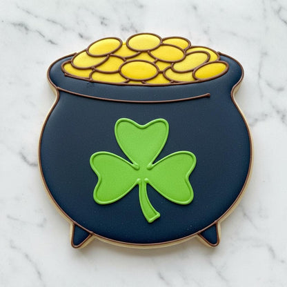 Pot of Gold Cookie Cutter with Shamrock | St Patrick’s Day Cookie Cutter with Stamp or Stencil Option | Lucky Cauldron Cookie Cutter