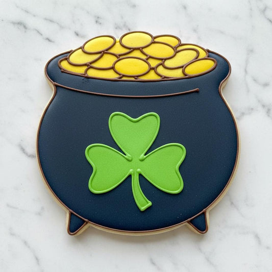 Pot of Gold Cookie Cutter with Shamrock | St Patrick’s Day Cookie Cutter with Stamp or Stencil Option | Lucky Cauldron Cookie Cutter