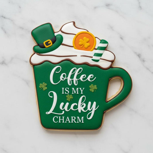 Lucky Coffee Charm Cookie Cutter | St Patrick’s Day Coffee Mug Cutter with Stamp Option | Shamrock Latte Cookie Decor Tool