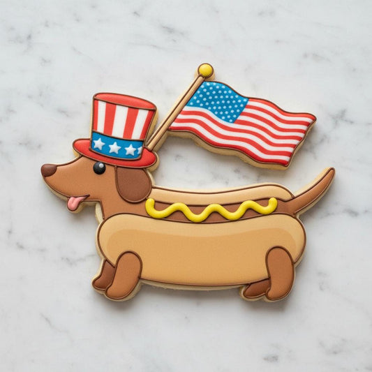 Patriotic Weiner Cookie Cutter with Flag, 4th of July Dog Cookie Cutter, USA Dachshund Cutter with Stamp or Stencil Option