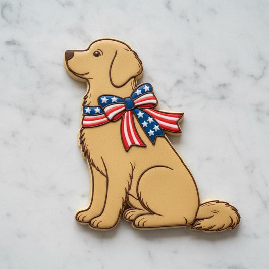 Patriotic Labrador Cookie Cutter with Flag Bow | 4th of July Dog Cookie Cutter with Stamp Option | Golden Retriever Ribbon Cookie Cutter