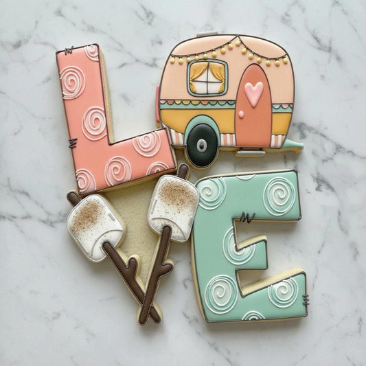 Retro Camper LOVE Cookie Cutter with Stamp & Stencil | Camping Cookie Cutter Set | Boho Trailer Royal Icing Cookie Decor