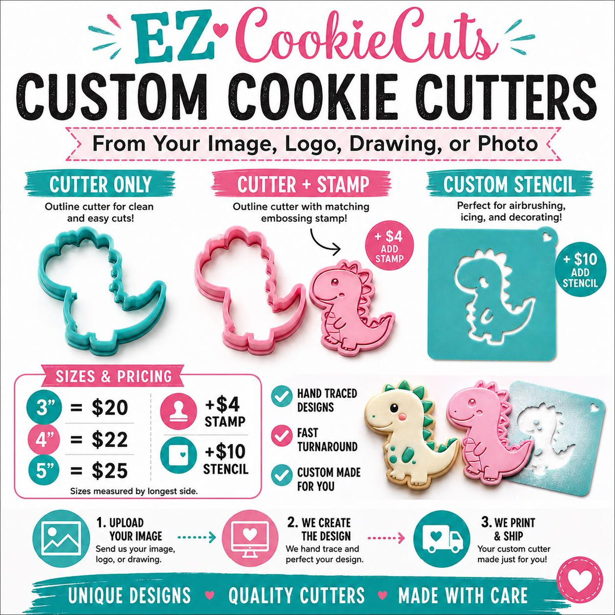 Custom Order 3D Printed Cookie Cutter with optional stamp and or stencil