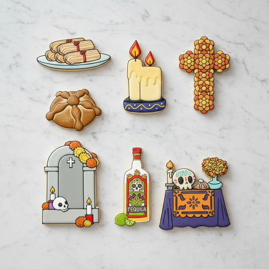 Día de los Muertos Cookie Cutter Set | Day of the Dead Cookie Cutters | Ofrenda Altar, Pan de Muerto, Sugar Skull, Cross & Tamales Cookie