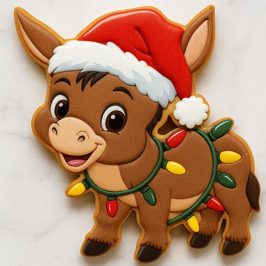 Christmas Donkey Lights Cookie Cutter with Stamp | Cute Holiday Donkey Wearing Santa Hat & Christmas Lights | Farm Animal Christmas Cookie