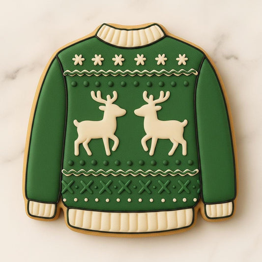 Green Ugly_sweater Cookie Cutter with Stamp | Reindeer Christmas Sweater Cookie Cutter | Holiday Party Cookie Cutter | Christmas Baking Gift