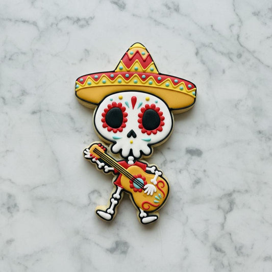 Sugar_Skull Mariachi Cookie Cutter with Stamp | Día de los Muertos Skeleton Guitar Cookie Cutter | Day of the Dead Cookies