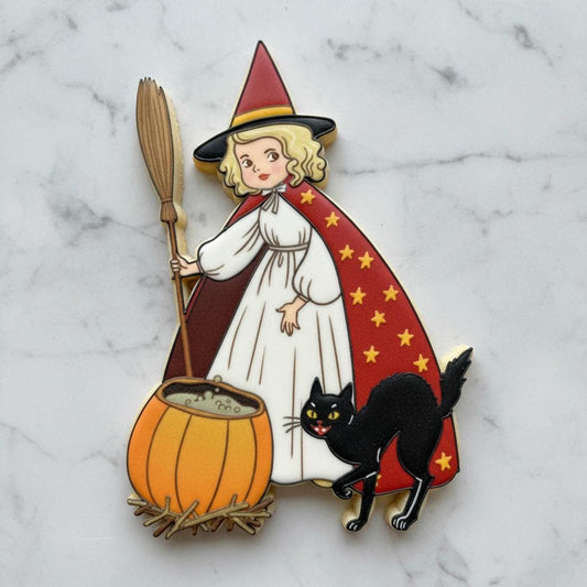 Vintage_Witch Black_Cat Cookie Cutter | Retro Halloween Witch and Black Cat Cookie Cutter | Pumpkin Cauldron Royal Icing Baking Tool