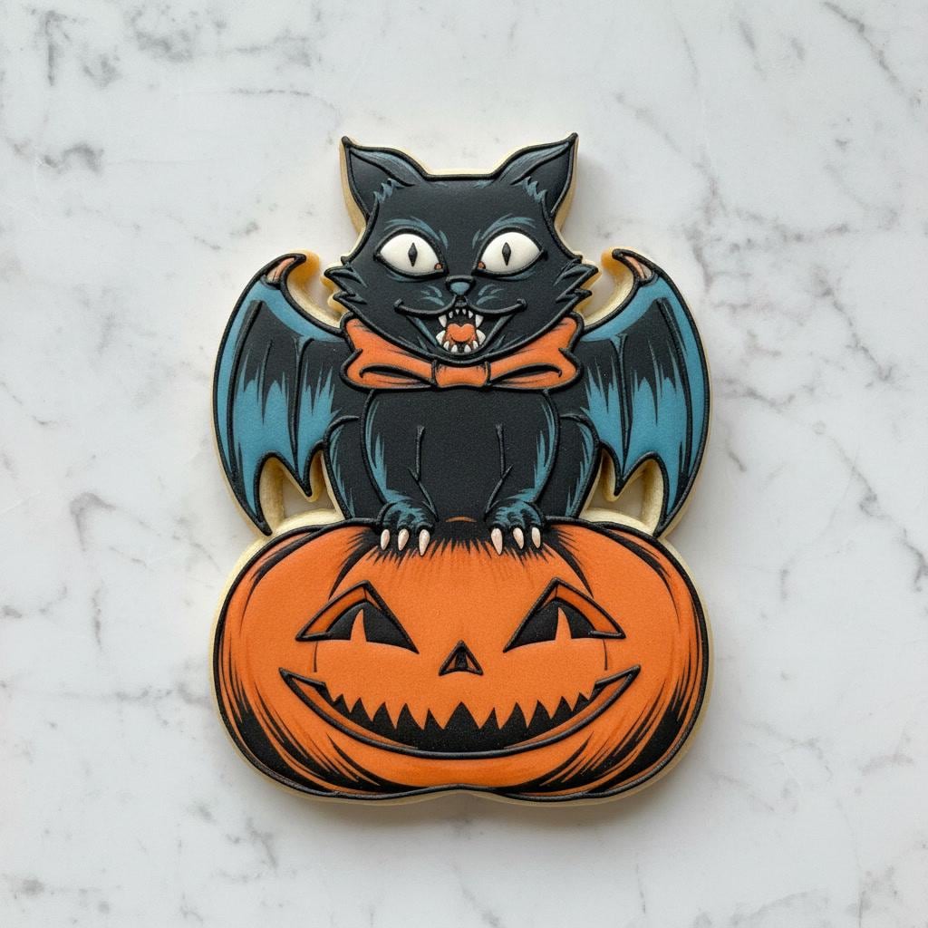 Vintage_Winged Black_Cat on Jack O'Lantern Cookie Cutter, Stamper, Stencil | Retro Halloween Cat Cookie Cutter | Pumpkin Royal Icing Baking