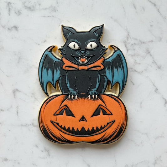 Vintage_Winged Black_Cat on Jack O'Lantern Cookie Cutter, Stamper, Stencil | Retro Halloween Cat Cookie Cutter | Pumpkin Royal Icing Baking