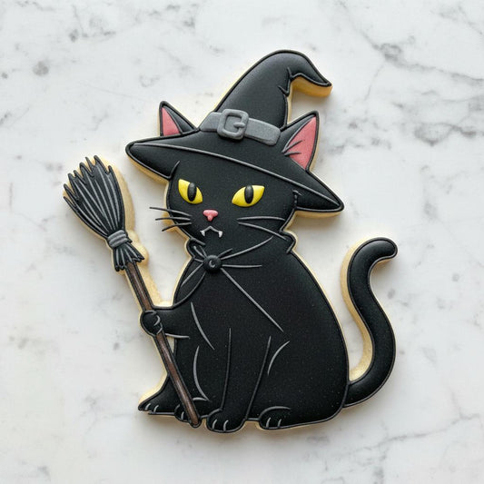 Witch Cat Cookie Cutter with Broom | Halloween Cat Cookie Stamp | Spooky Kitty Cookie Cutter | Vampire Cat | Black Cat