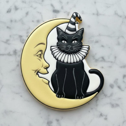 Black_Cat Moon Cookie Cutter with Stamp | Halloween Witch Cat Cookie Cutter | Spooky Cat Cookie Cutter