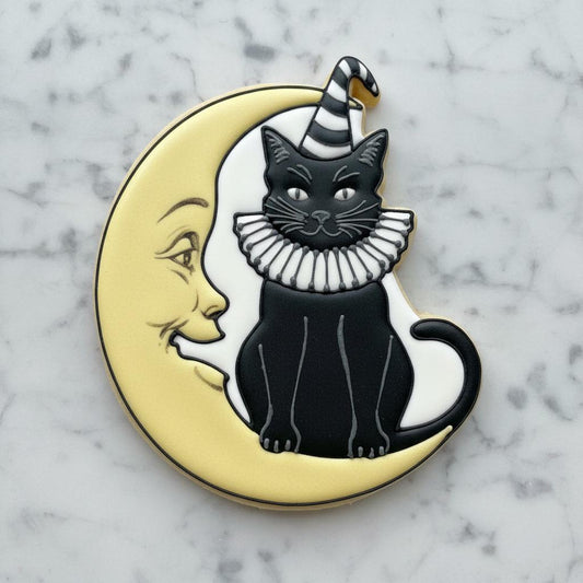 Black_Cat Moon Cookie Cutter with Stamp | Halloween Witch Cat Cookie Cutter | Spooky Cat Cookie Cutter
