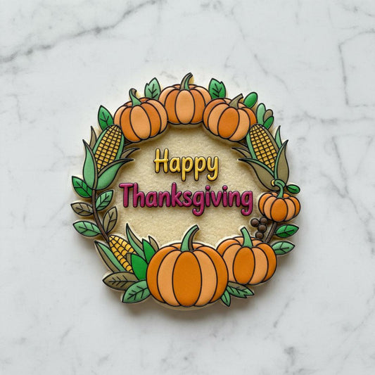 Happy Thanksgiving_Wreath Cookie Cutter and Stamp | Thanksgiving Wreath Cookie Cutter | Pumpkin Harvest Cookie | Friendsgiving Fall Baking