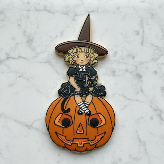 Vintage_Witch on_Pumpkin Cookie Cutter with Embosser | Retro Halloween Witch Cookie Cutter | Black Cat Pumpkin Cookie Cutter