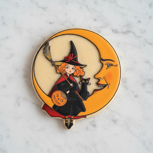 Vintage_Witch on_Crescent_Moon Cookie Cutter | Retro Halloween Witch Cookie Cutter | Black Cat Moon Cookie Cutter | Royal Icing Baking Tool