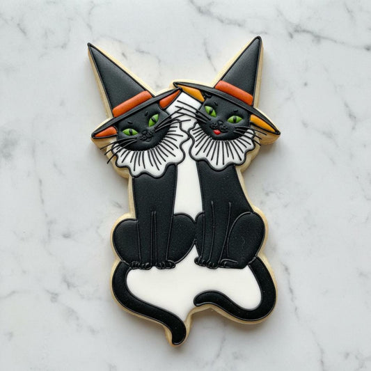 Vintage_Black Witch_Cats Cookie Cutter | Retro Twin Black Cat Halloween Cookie Cutter | Royal Icing Baking Tool | Spooky Fall Decor