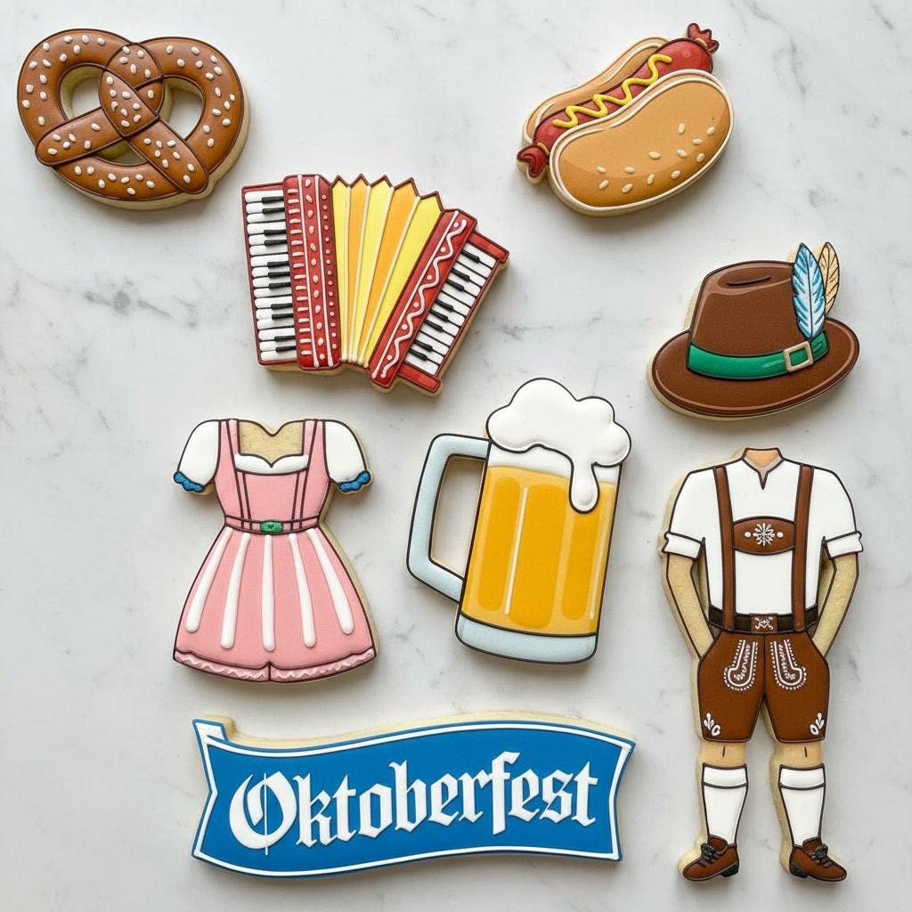 Oktoberfest Cookie Cutter Set of 8 | German Beer Pretzel Lederhosen Cookie Stamp | Bavarian Beer Stein Bratwurst Cookie Cutters