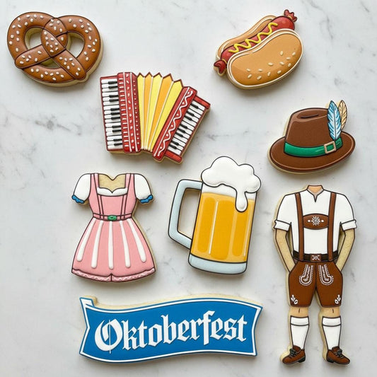 Oktoberfest Cookie Cutter Set of 8 | German Beer Pretzel Lederhosen Cookie Stamp | Bavarian Beer Stein Bratwurst Cookie Cutters