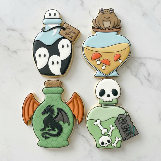 Halloween Potion Bottle Cookie Cutter Set of 4 | Witch Potion Cookie Stamp | Poison Bottle Cutter | Spooky Witch Halloween Cookie Cutters